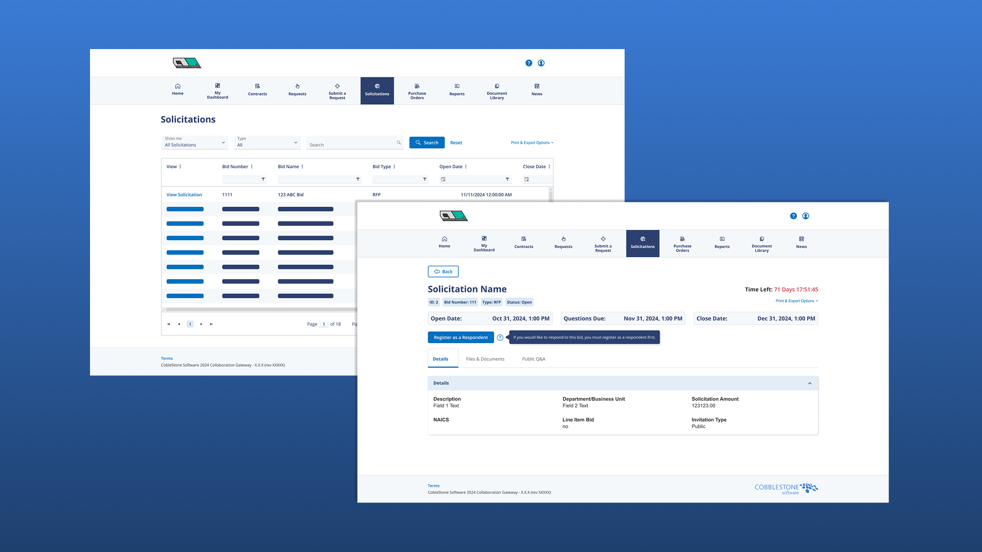 a screenshot of the redesigned solicitations list and solicitation record page